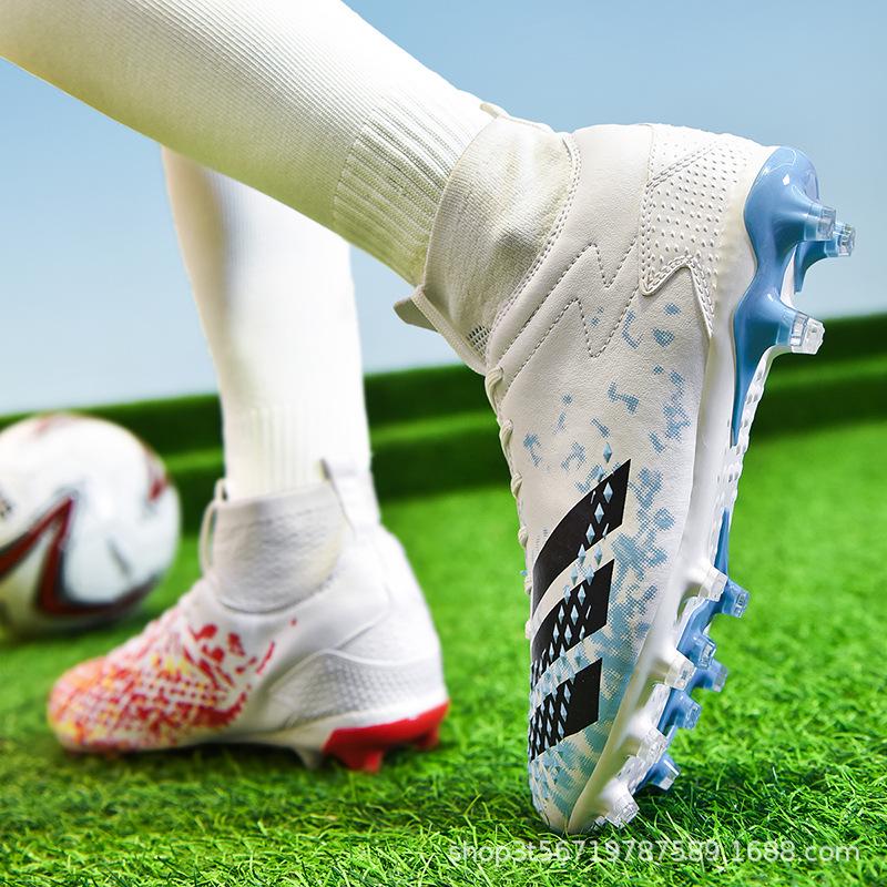 Unisex High-Top Football Shoes for Kids, Mandarin Duck Color, Long Nails, TF Artificial Grass, Student Training.