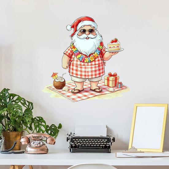 Summer Christmas Stickers Picnic Santa Claus Wall Sticker, Waterproof PVC Plaid Decal Mural Decals with Cake Design, Removable Art Decor for