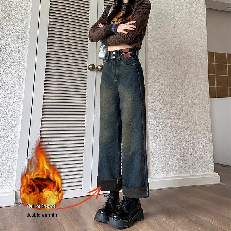

Retro Fleece-lined High-waisted Wide-leg Jeans for Women - Autumn/Winter Slimming Plus Size Straight-leg Pants XXL