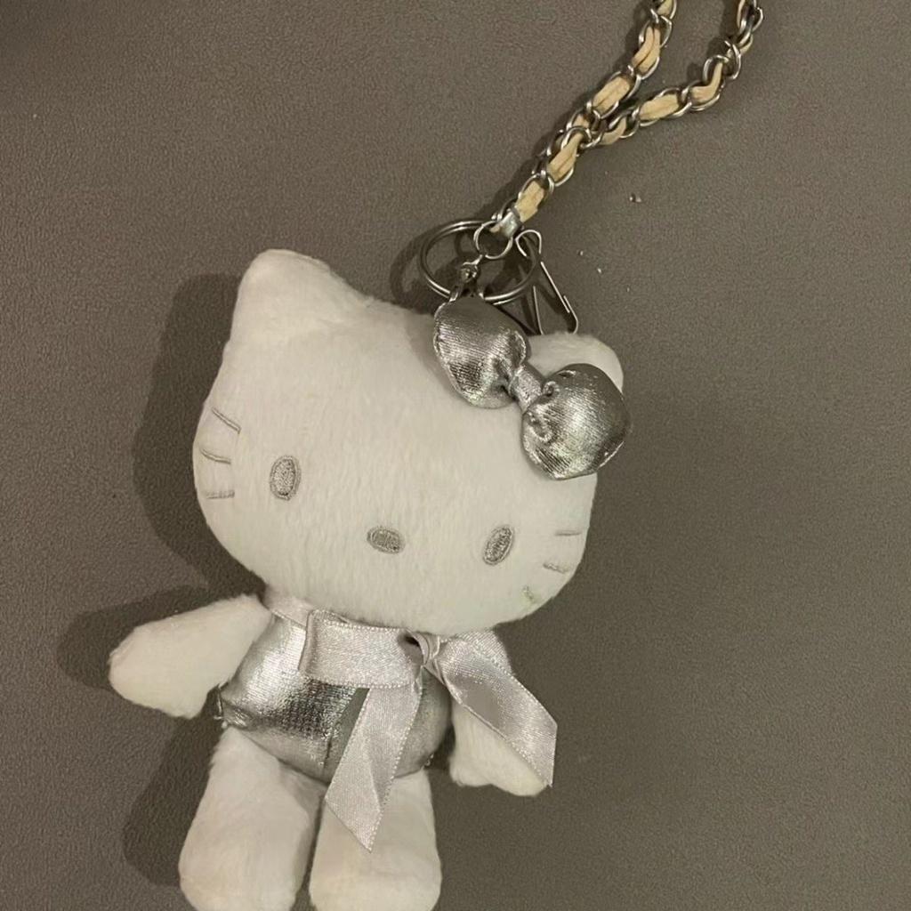 Stylish Silver White Kitty Pendant Hello Kitty Bag Decoration Plush Toy Doll Keychain Characters)