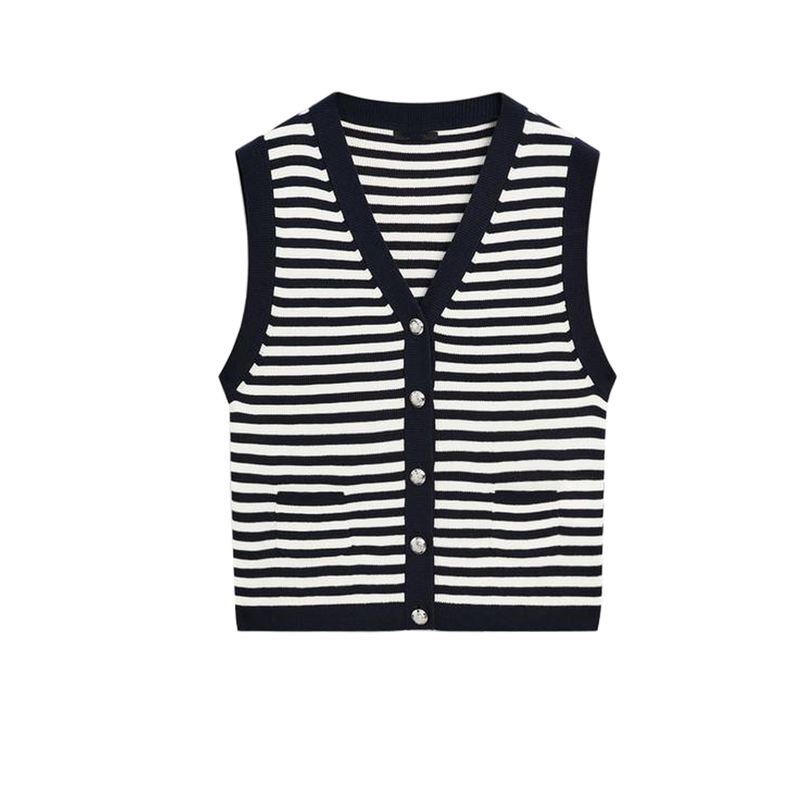 MD Summer New Arrival Women's Clothing Classic Style Gold Sense Stripes Cotton Blend V Neck Sleeveless Knitting Vest 5783800