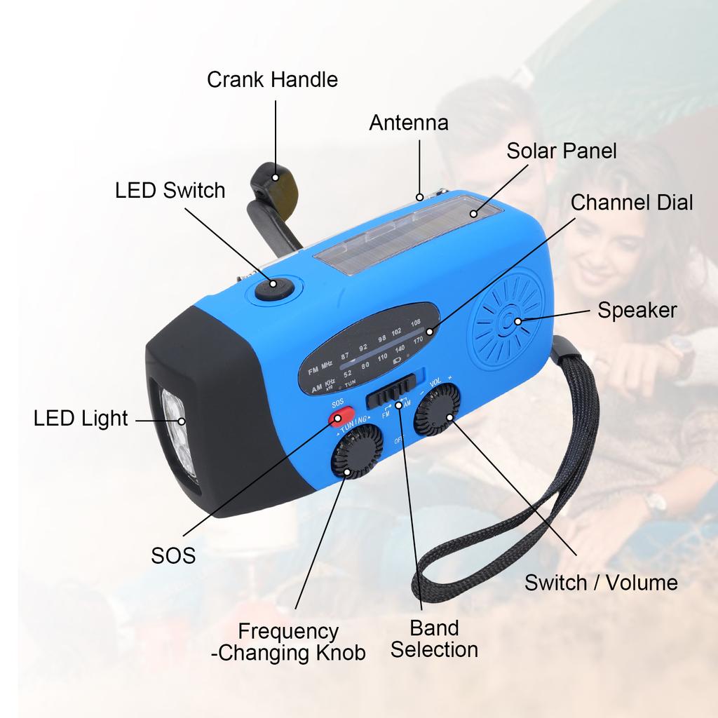 Radio AM FM portabil, Radio solar de urgență pentru exterior, Radio cu manivelă cu lanternă LED, Alarmă SOS, 5000mAh