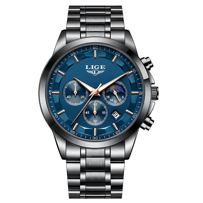 LIGE Business Watches Mens Top Brand Luxury Quartz Wristwatch 3Bar Waterproof Chronograph Luminous Watch for Gentleman Gift+Box