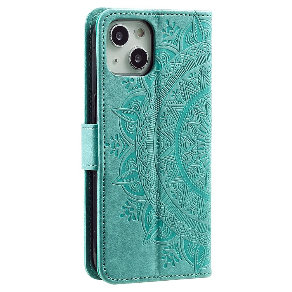 For iPhone 15 PU Leather Stand Cover Mandala Flower Imprint Wallet Phone Case with Strap