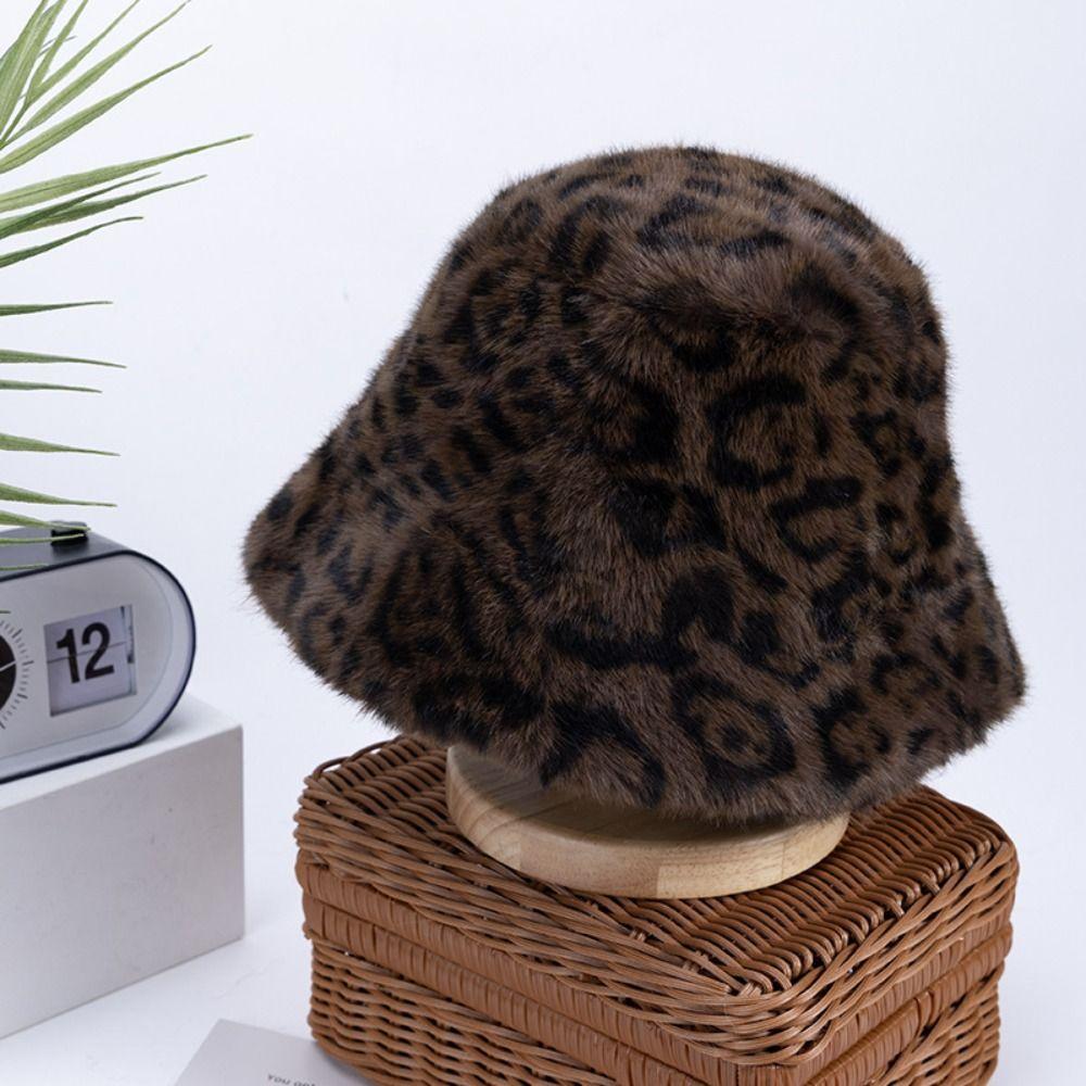 Faux Fur Plush Fisherman Hat Leopard Print Panama Hat Cozy Fluffy Fur Hat For Women Girls