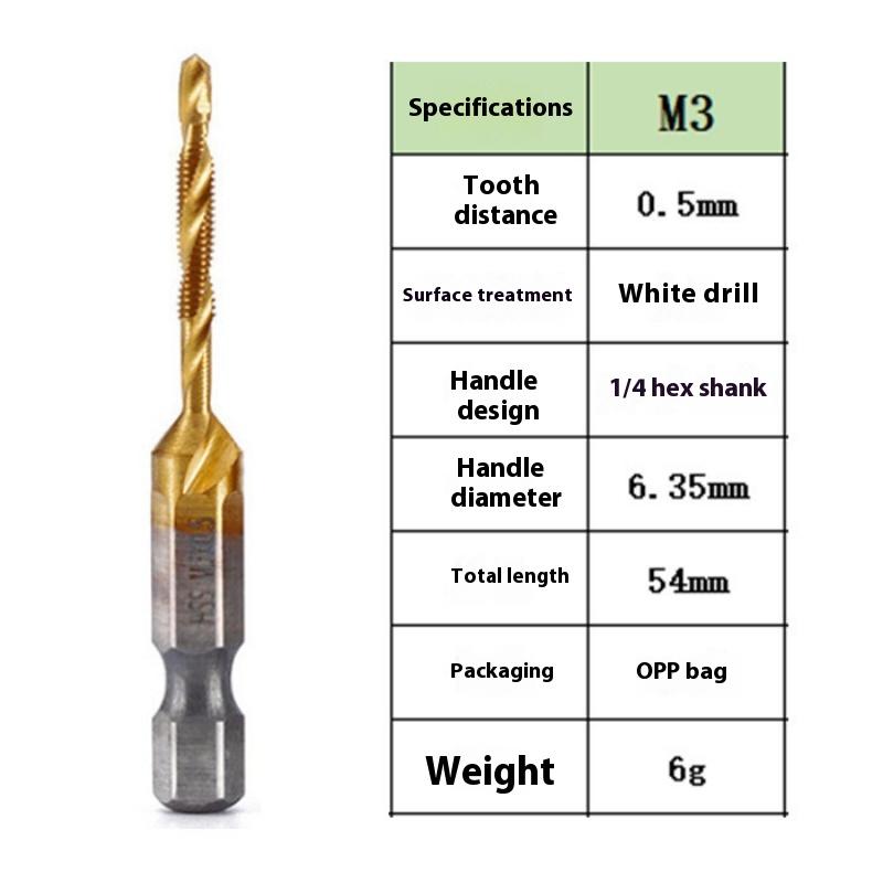 Vysokorýchlostná oceľová šesťhranná stopka tri v jednom kombinovaný závitník, vŕtanie, rezanie závitov a odihlovanie integrované špirálové strojové rezanie závitov, špirálový závitník