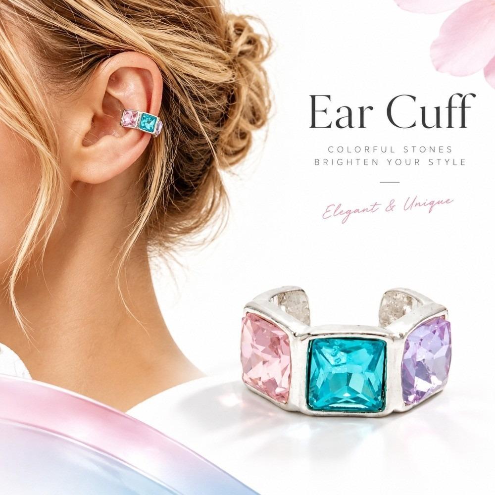 Colorful Crystal Ear Clip Light Luxury Geometric Ear Clip Durable Cartilage Earring Festival Gift