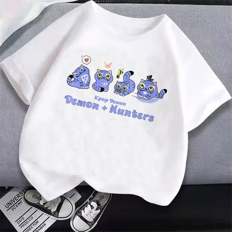 Summer Pure Cotton KPop Demon Hunters TShirt Kids Cartoon Anime Meme Print Clothes Round Neck Basic Boys Tops Casual Shirts