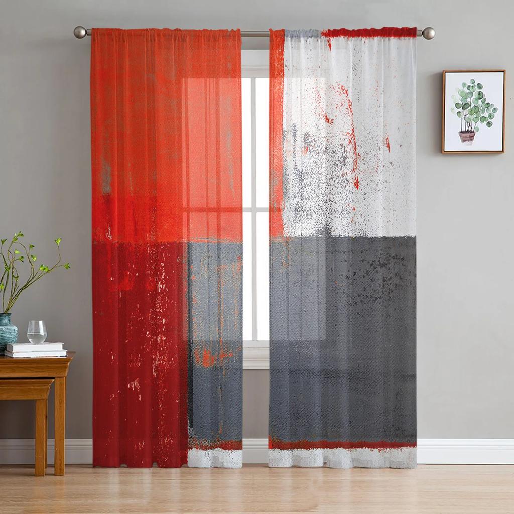 Red Grey White Oil Painting Abstract Geometric Sheer Curtains Living Room Decoration Window Curtain Kitchen Tulle Voile Drapes