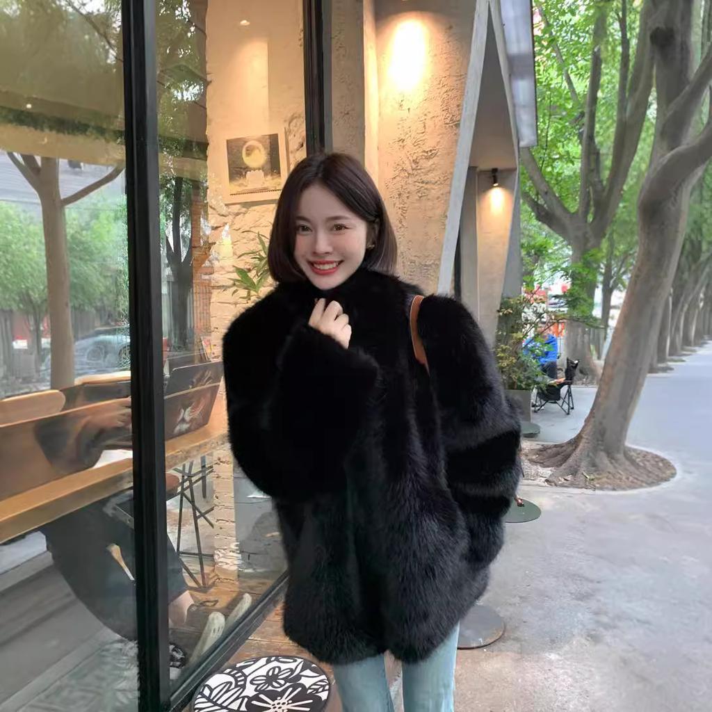 Imitation fox fur black fur coat women's winter new stand-up collar environmentally friendly fur fur high-end coat medium and long