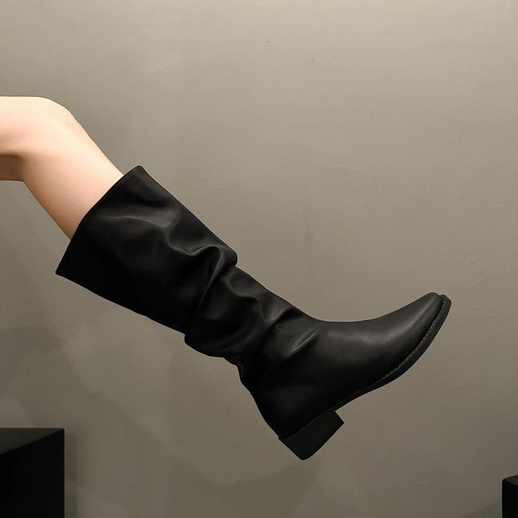 

Винтажные толстые каблуки женские плиссированные сапоги до колена новые модные туфли без застежек осень-зима женские длинные сапоги с острым носком 40