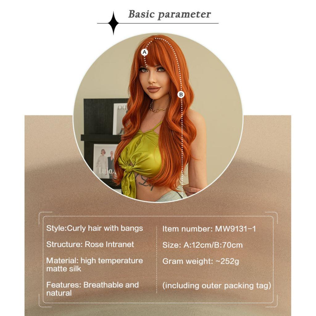 New Ladies Wig Simulation Wig 70cm Hair Orange Wig Long Curly Wig Full Headgear Rose Hair Net Headdress Beauty Decoration Wig