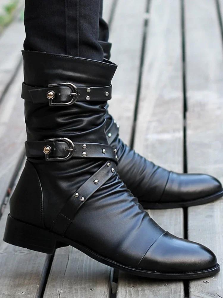 Stivali Alti in Pelle di Alta Qualità da Uomo Moda Classica Autunno Inverno Scarpe Punk Rock Nere Casual da Uomo