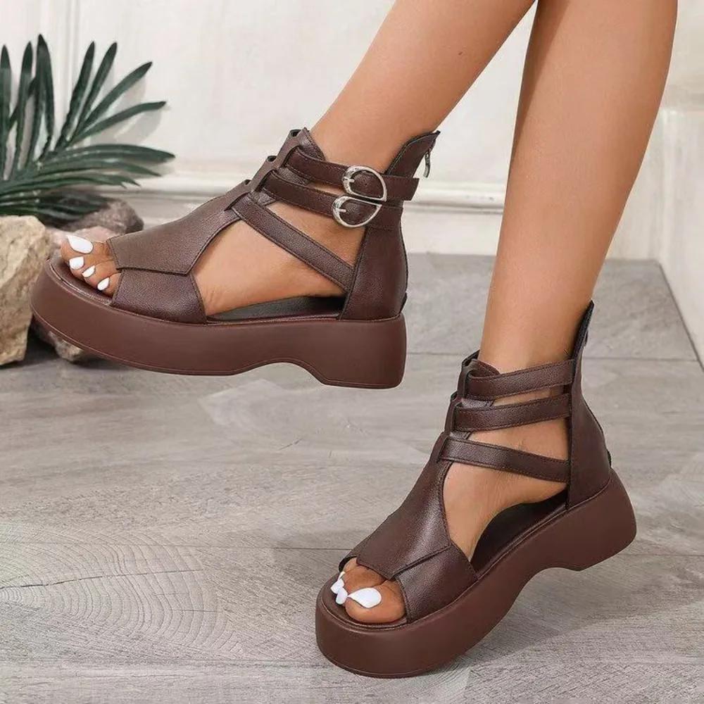 Fashion Retro Women Sandals Fashion Leather Women Boots Breathable Platform Shoes Designer Mid Heels Women Wedges Shoes Sandalias Mujer