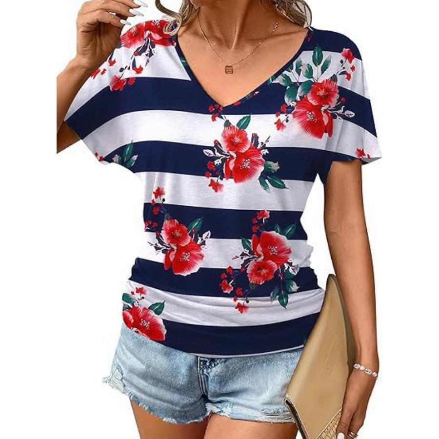 women fashion v neck short sleeve 3d print t shirt summer comfortable sportwear tops