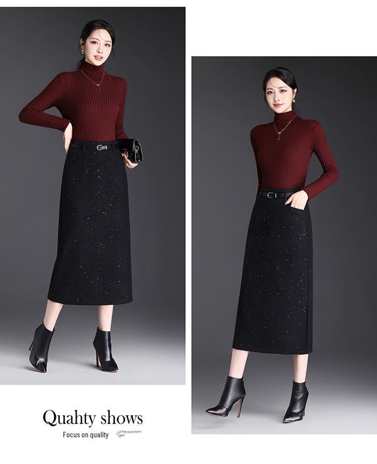 Chic High-Waisted Wool Blend Slit Skirt – 2026 Autumn/Winter Elegant Korean Style