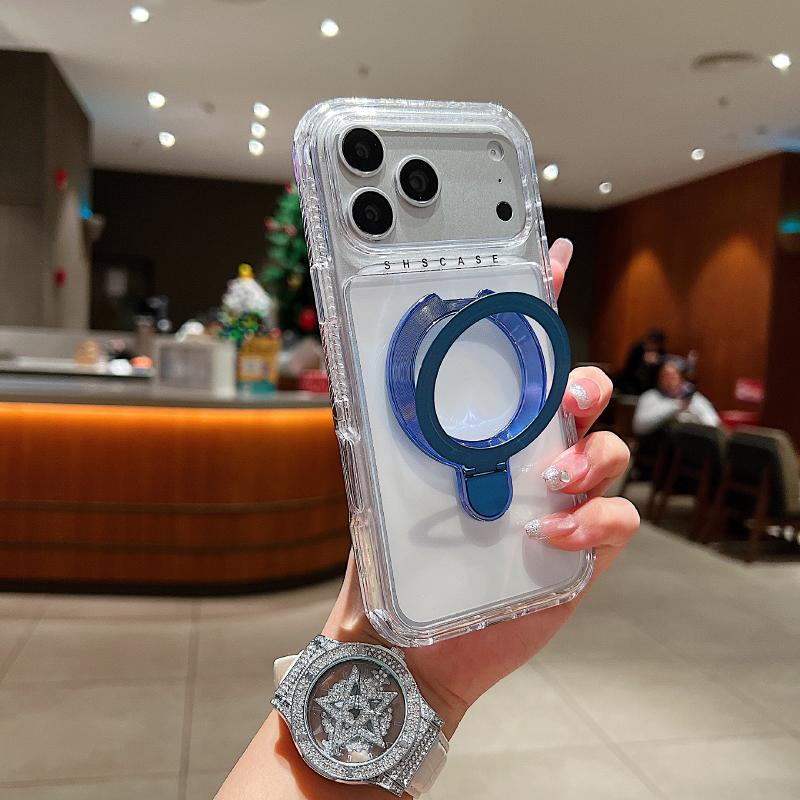 

For Magsafe Wireless Charging Metal Stand 3-in-1 Armor Phone Case For iPhone 16 15 14 12 13 Mini 11 17 Pro Max Transparent Cover iPhone 15 Pro Max