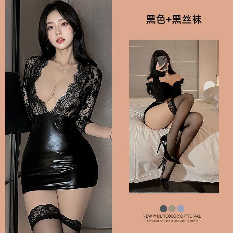 Sex Lingerie Sexy Hot Dress Deep V Secretary Hip Wrap Skirt Leather Uniform Seduction Suit