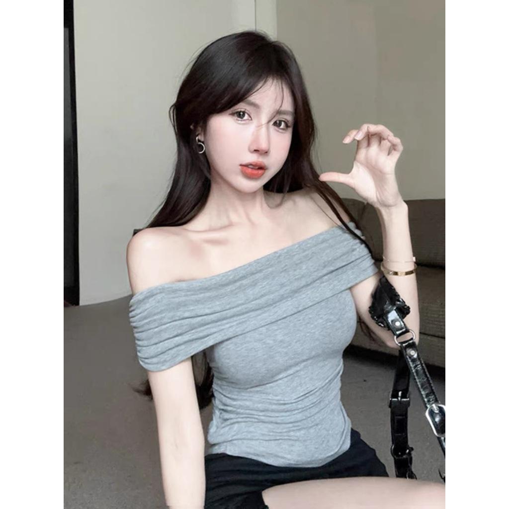 Ins Off-the-shoulder Sexy Hottie Pure Desire One-word Collar Short-sleeved T-shirt for Women's Summer Slim-fitting and Thin Bottoming Top for Women