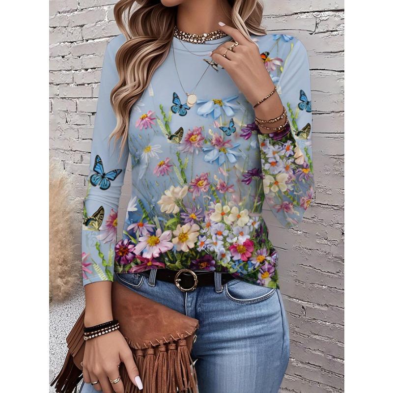2026 New Women's Fashionable Long-Sleeved T-Shirt with Fresh Floral Pattern, Perfect for Everyday Wear and Stylish Outfits