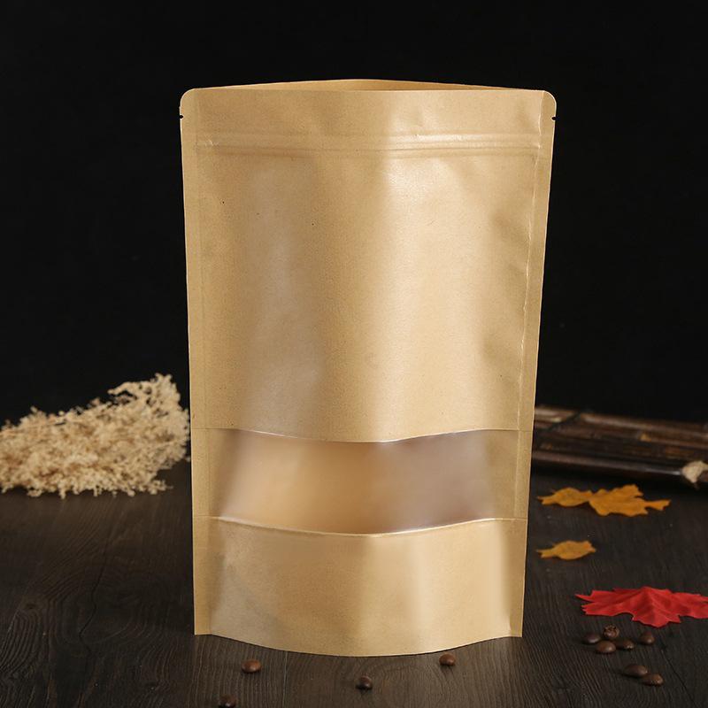 50/100pcs kraft paper zipper lock window bag brown re-sealable stand-up pouch coffee bean wedding festival food packaging