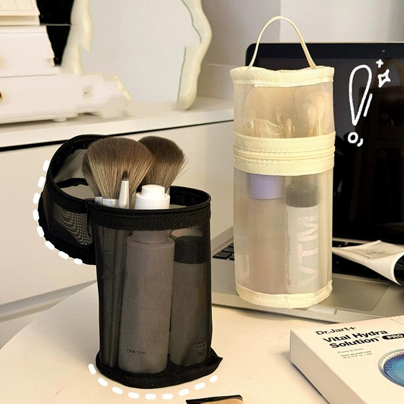 Mesh Dual-Use Makeup Brush Storage Bag Portable Brush Case Simple Large Capacity Brush Bucket Holder Travel Stand-Up Pouch