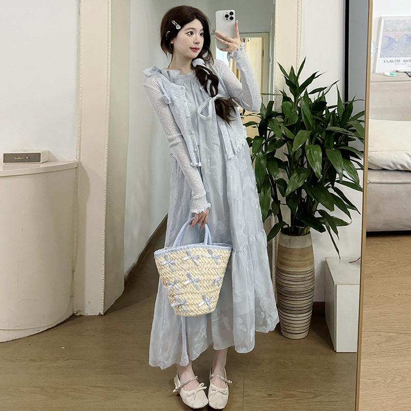 2026 Summer French Maternity Two-Piece Set: Long-Sleeved Cardigan + Loose Halter Neck Vest Dress XL