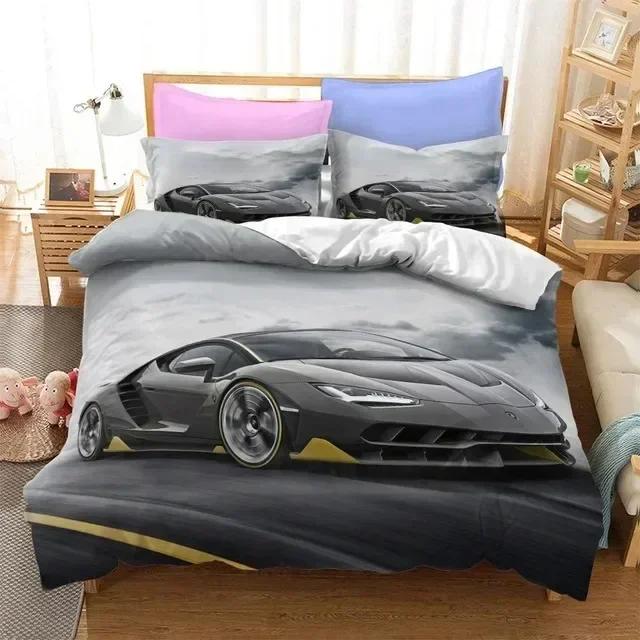 Sportwagen Bettbezug 3D Rennwagen Bedrucktes Bettwäscheset Queen King Size mit Zwei Kissenbezügen Herren Cool Polyester Für Bettdeckenbezug