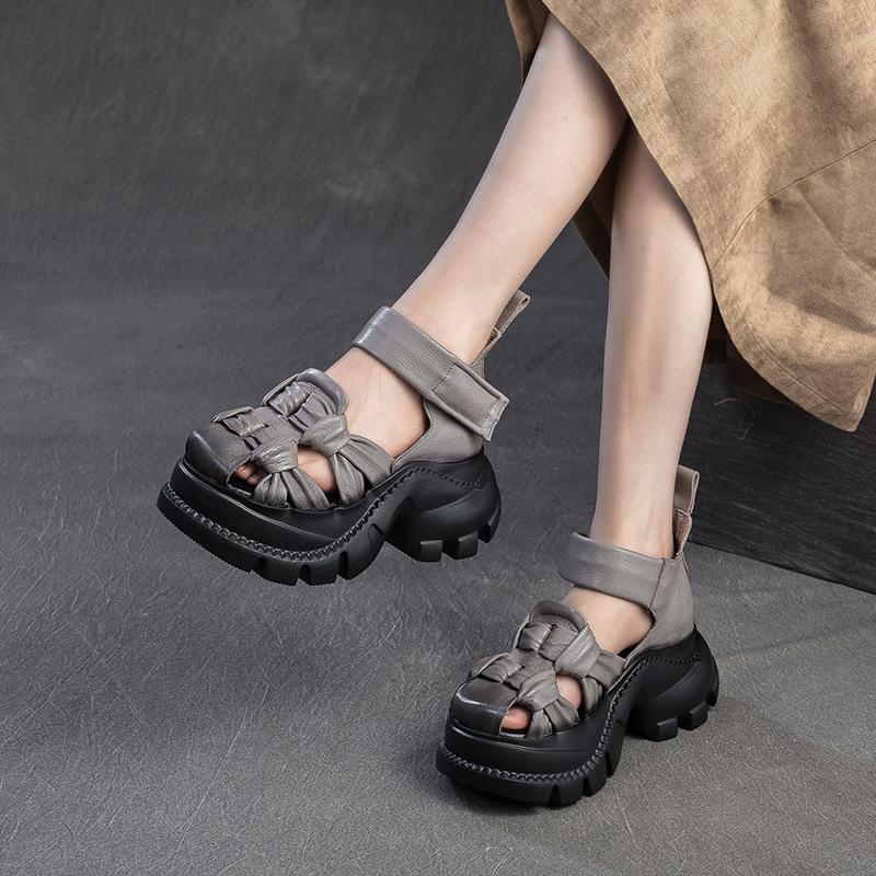 Jieshu Summer New Niche Style Muffin and First-layer Cowhide Sandals Comfortable Woven Breathable Retro Women's Shoes