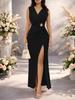 2026 Elegant V-neck Side Slit Pleated Evening Gown with Waist Detail