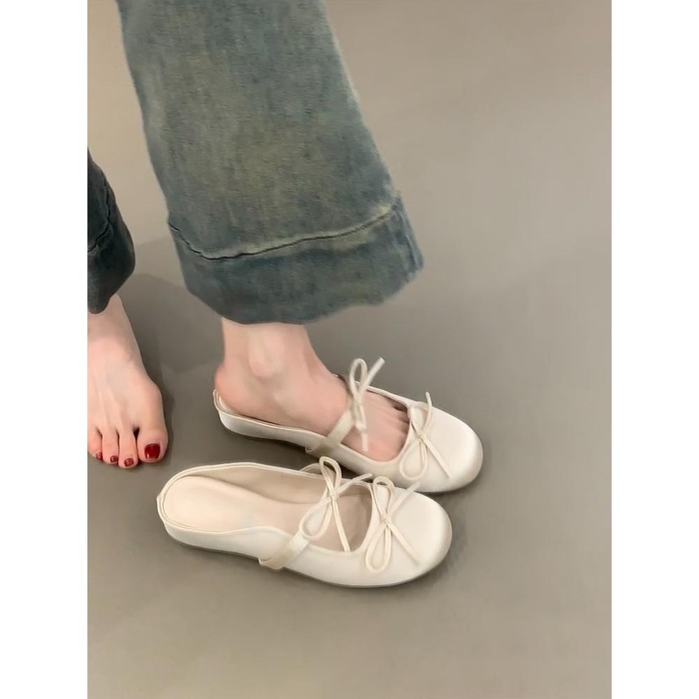 Inner height increase~ 2025 soft-soled bag head sandals bow word with satin round head half slippers women