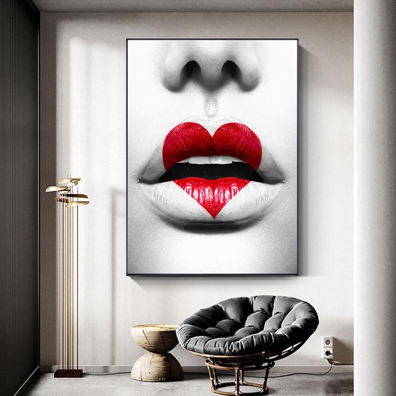 Wandkunst Bedruckte Leinwand Mädchen Rote Lippen Wandbilder Frauenfigur Poster Gemälde Wohnzimmer Zuhause Bilder Dekoration Cuadros