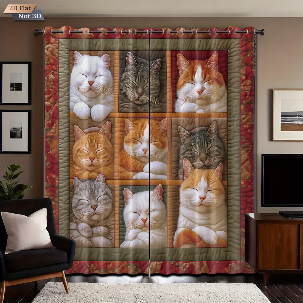 Room Darkening Spliced Cat Print Curtain Thermal Insulation Multiple Sizes Living Holiday Decoration Set Of 2 Made Polyester Washable Sitting Ready