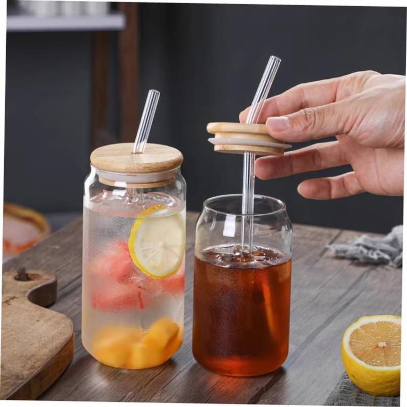 Glass Transparent Water Cup Household Simple Can Coke Cup with Straw Milk Tea Beverage Juice Cup