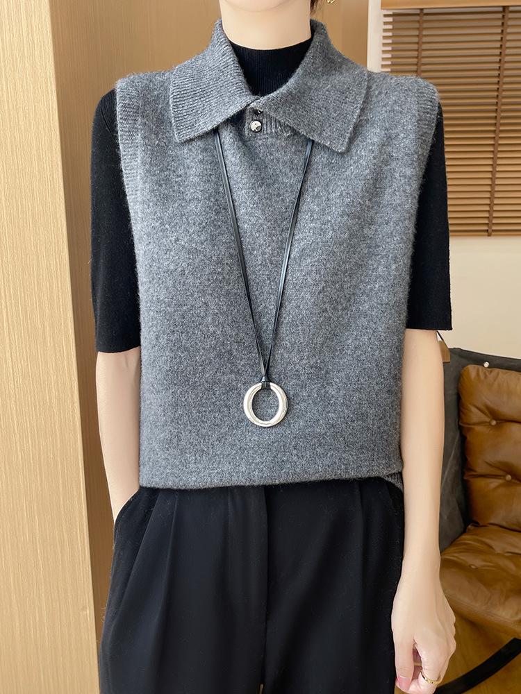 Lapel Wool Knit Vest - Women's Sleeveless Casual Shawl for Autumn and Winter