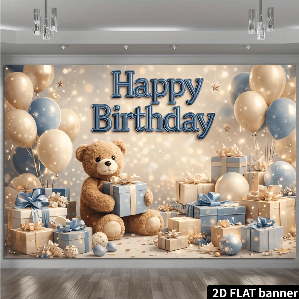 2D Plane Teddy Bear Birthday Party Background Fabric Blue and Gold Balloons Suitable for Indoor and Outdoor Use Polyester
