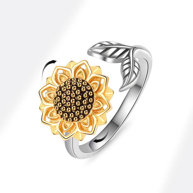 925 Silver Sunflower Diamond Zircon Rotatable Ring For Women Gift Relieve Stress Ring Jewelry