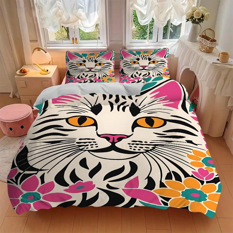 3PCs Cat Floral Print Design Cover Set, Breathable Fabric, Machine Washable (1 Duvet Cover + 2 Pillowcases) (Without Quilt) yy250911156