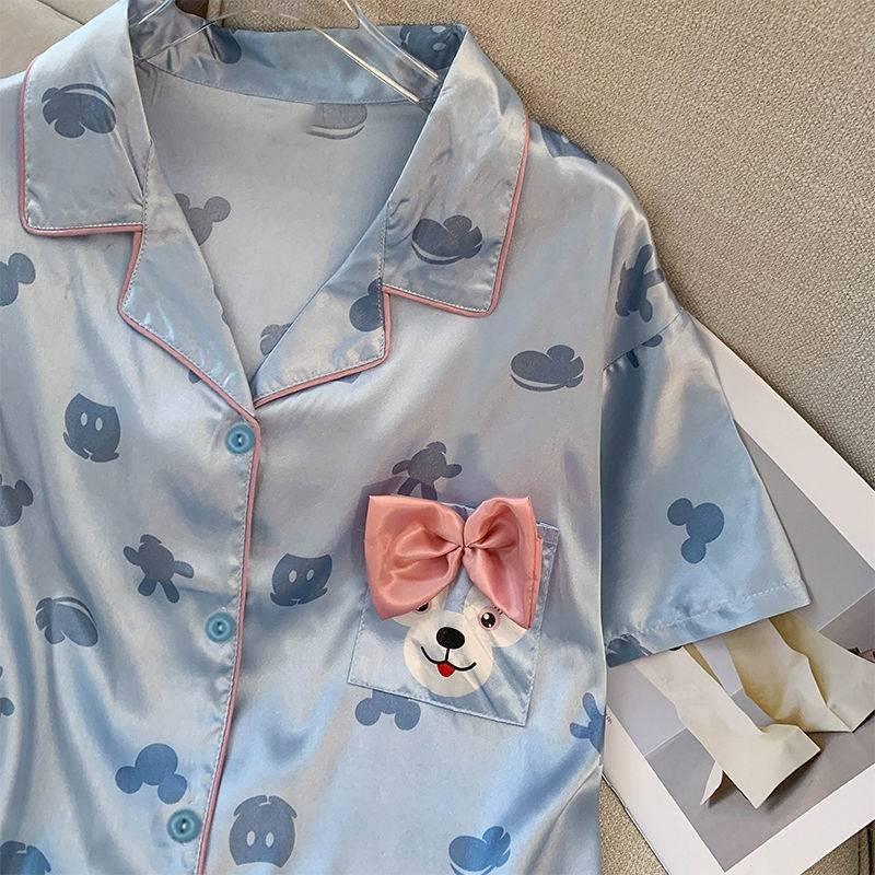 Summer Pajamas Women'S Short Sleeves Cute Large Size Wind Simulation Silk Shorts Set Advanced Sense