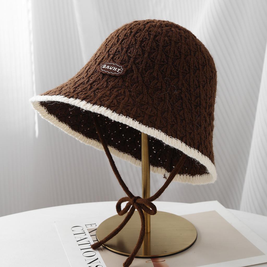 Patch Button Contrasting Edge Strap Knitted Hat Women's Autumn and Winter Casual Versatile Bucket Hat Vacation Sunshade Bucket Hat Tide