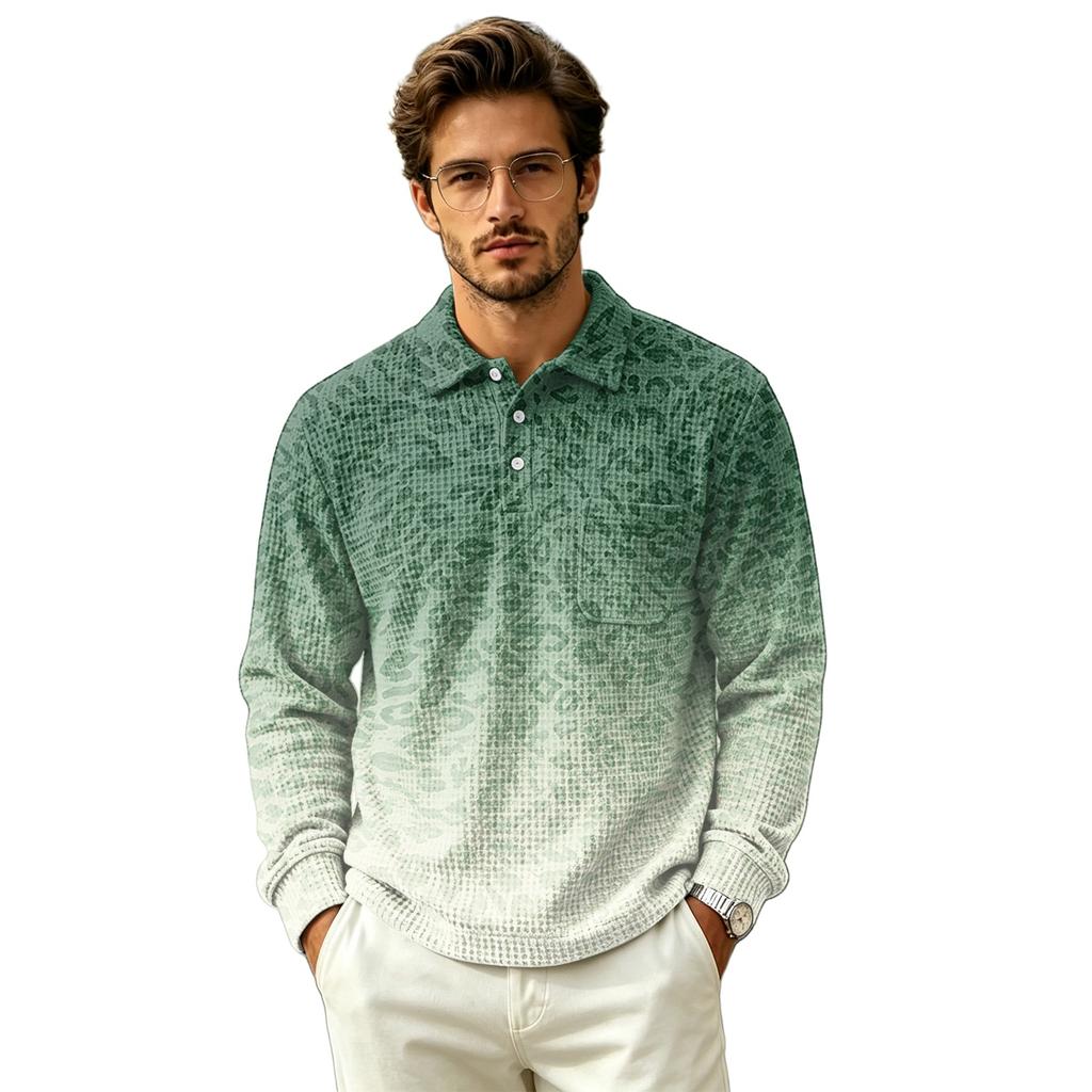 Herren Strickpullover Langarm mit Kragen und Tasche, Leopardenmuster Herbst Outdoor Freizeit Oberteil