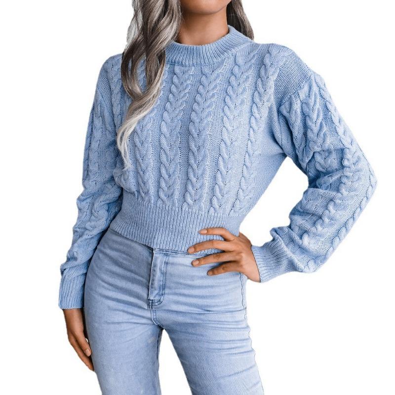 Autumn and winter new solid color twist knitted long-sleeved round neck pullover waist sexy spice sweater women