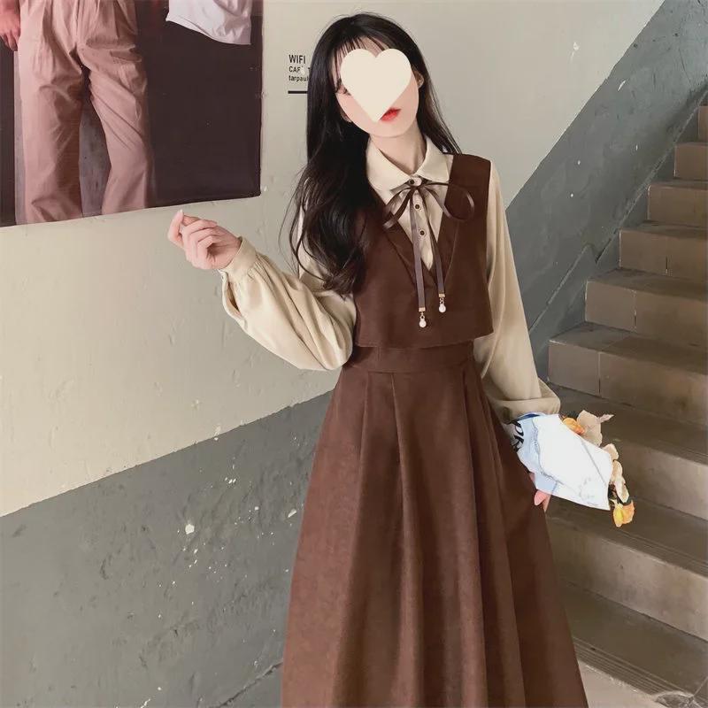 Langärmliges Kleid im koreanischen Stil für Damen, Frühling/Herbst, College-Stil, Übergröße, taillenschlank machend, zweiteiliger Look, altersreduzierend, gespleißter langer Rock