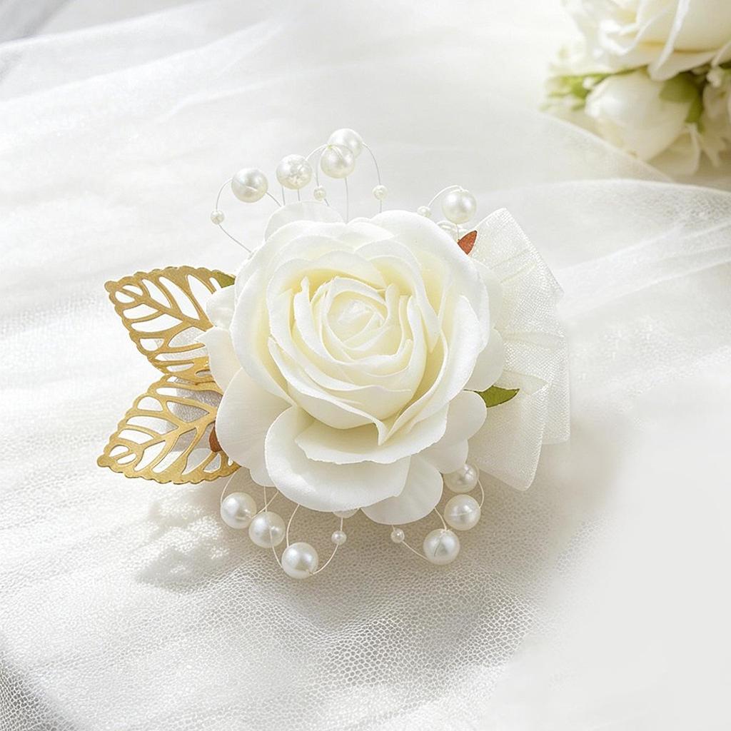 Milk-Colored Silk Rose Wrist Corsage for Brides, Bridesmaids & Sisters (SW6528C)