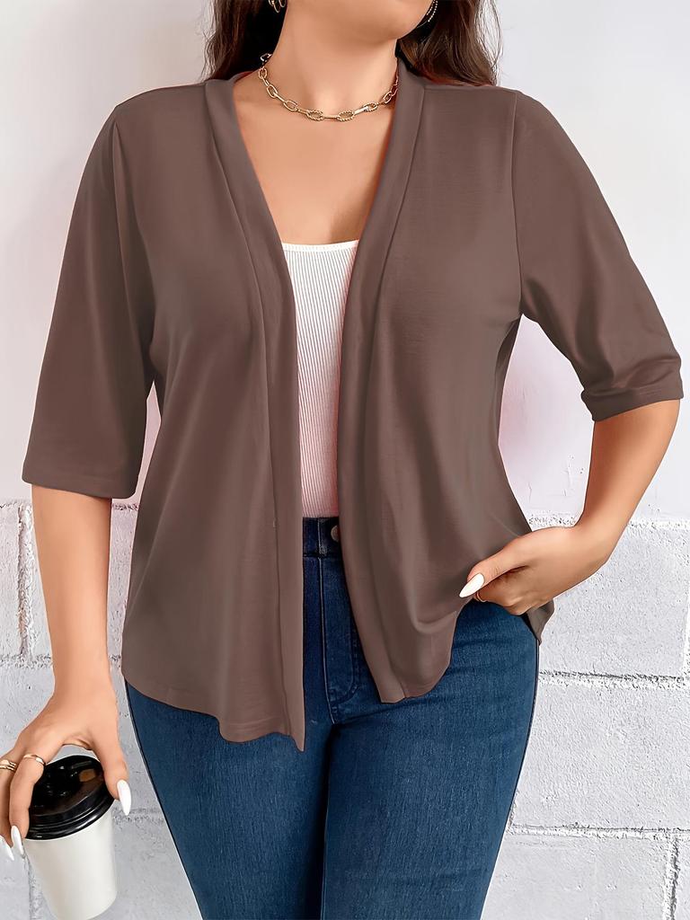 Plus Size Women's Mid-Sleeve Cardigan Jacket - Lightweight, Solid Color, 2026 New Arrival