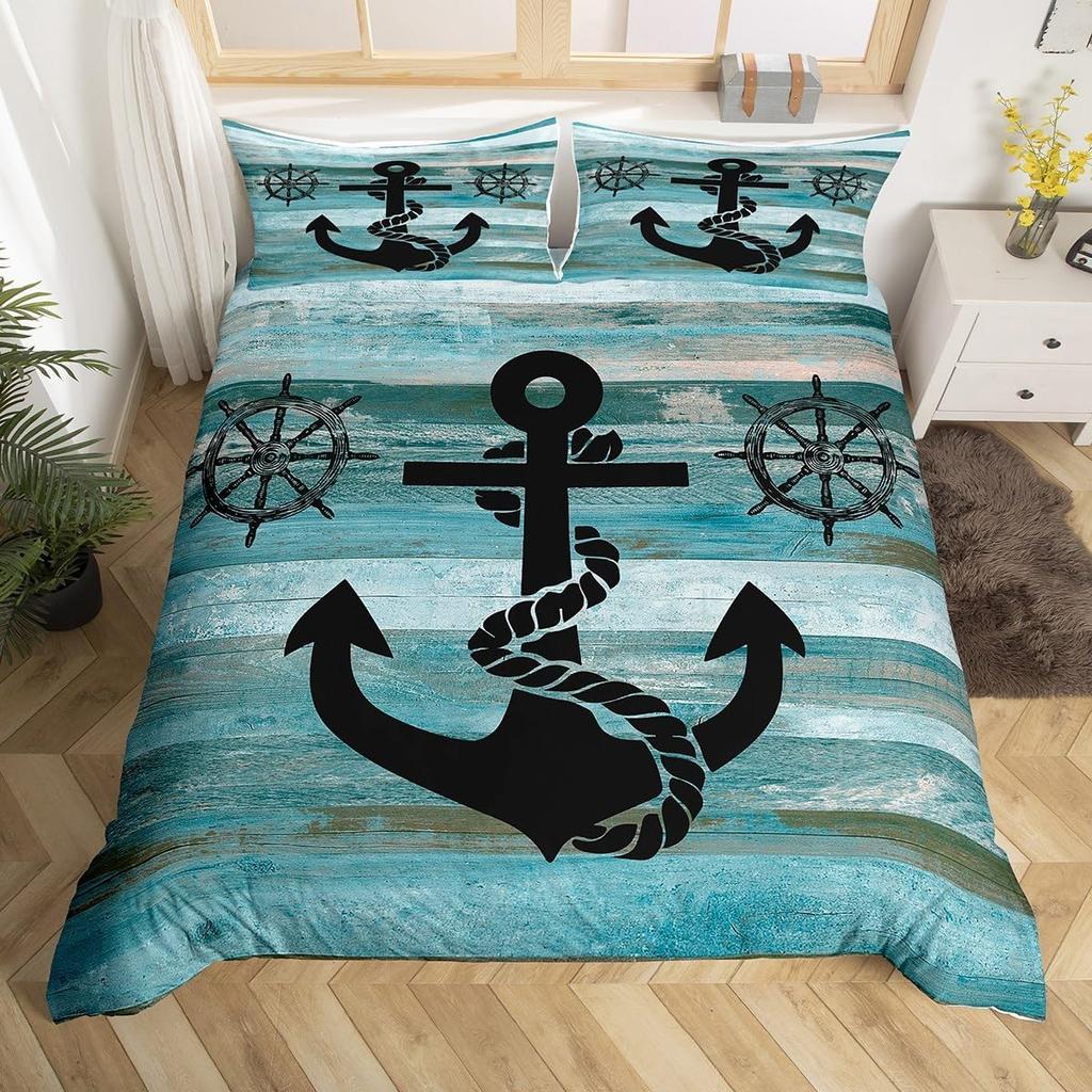 Nautical Anchor Duvet Cover,Geometric Stripes Anchor Bedding Set Twin For Boys Girls Room Decor,Ocean Adventure Comforter Cover