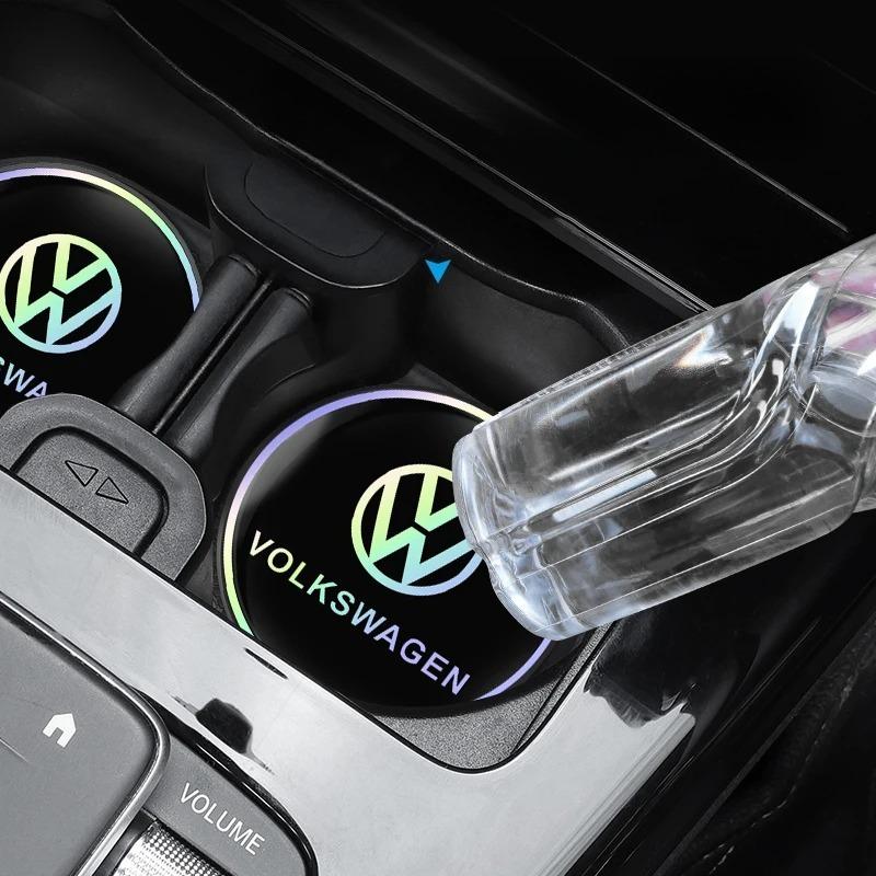 W149-2PCS VW Series Car Cup Holder Mat 7cm Leather Water Coaster for Volkswagen GTI R Line Polo Golf Passat Tiguan Arteon Caddy Jetta