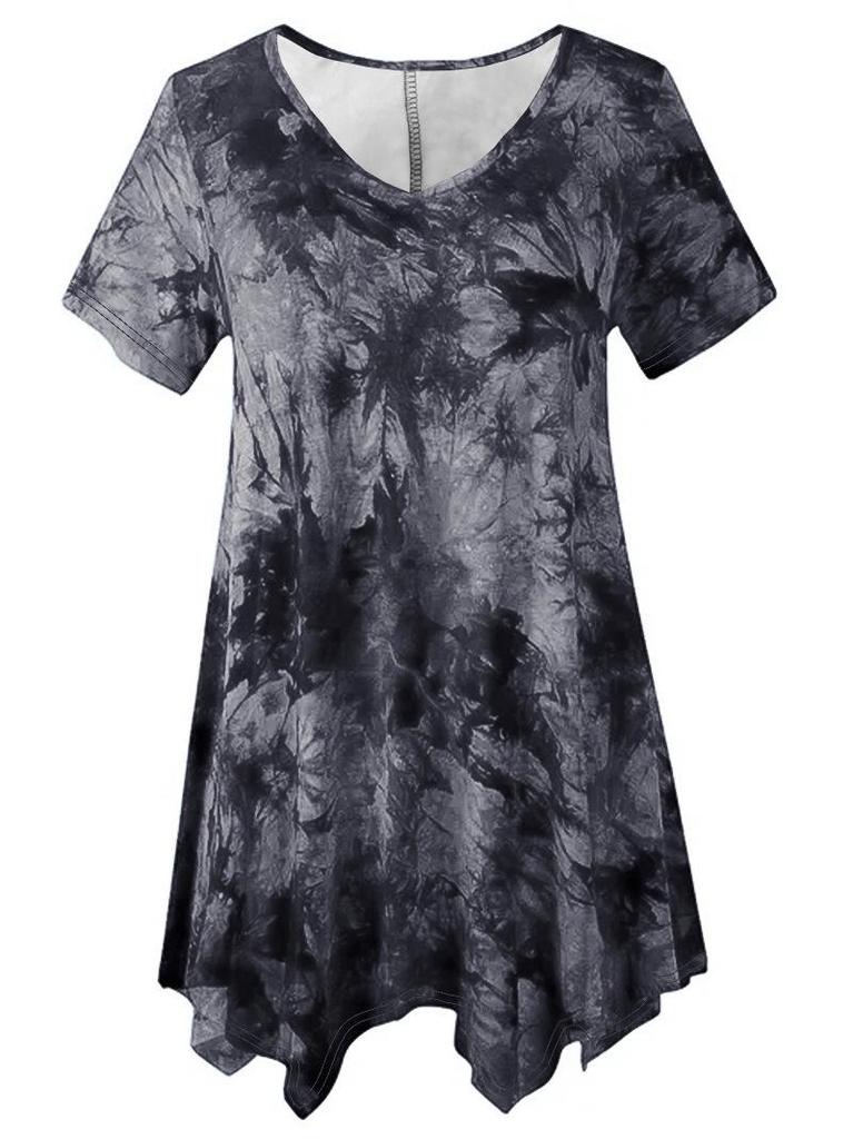 Women's Plus Size Tie-dye V-neck Irregular Hem Short Sleeve Loose Top