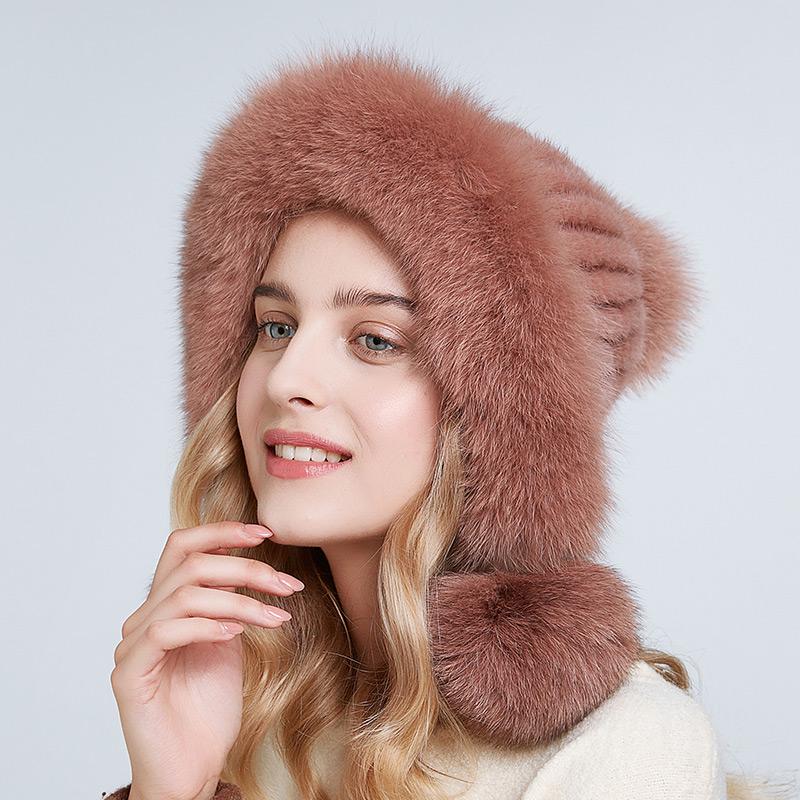 Winter Real Mink Fur Hat for Women Fox Fur Pompom Ear Protect Caps Warm Lined Knitted Fur Beanie Hat With Custom Logo