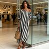 Lightweight Polyester Dress Summer Women Striped Long Dress, Off Shoulder Sleeve Casual with Side Pocket Ankle Length Loose Swing Beach